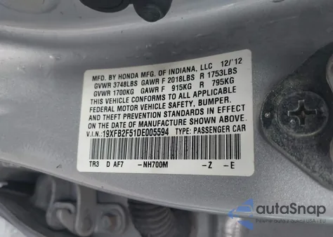 2013 Honda Civic Lx z USA, uszkodzony, nr VIN 19XFB2F51DE005594